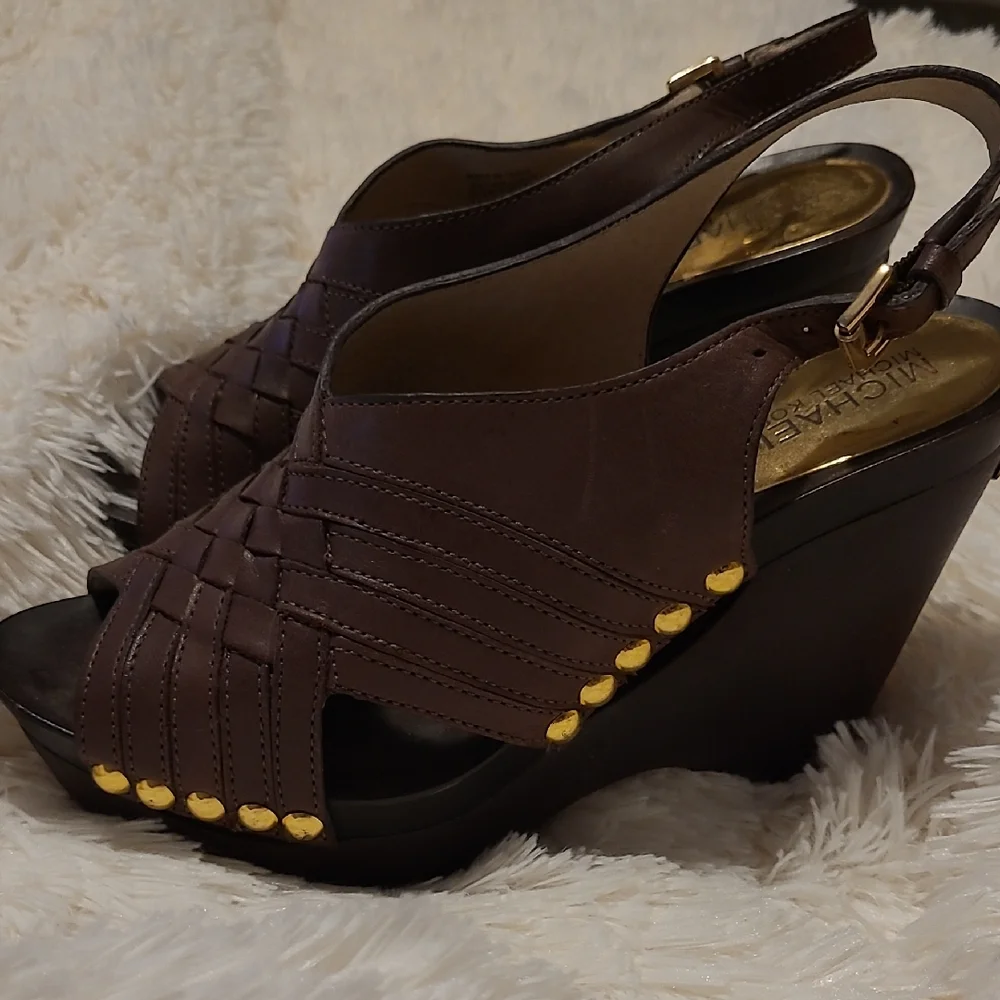 Michael Kors Chocolate Brown Wedges with Gold Accents